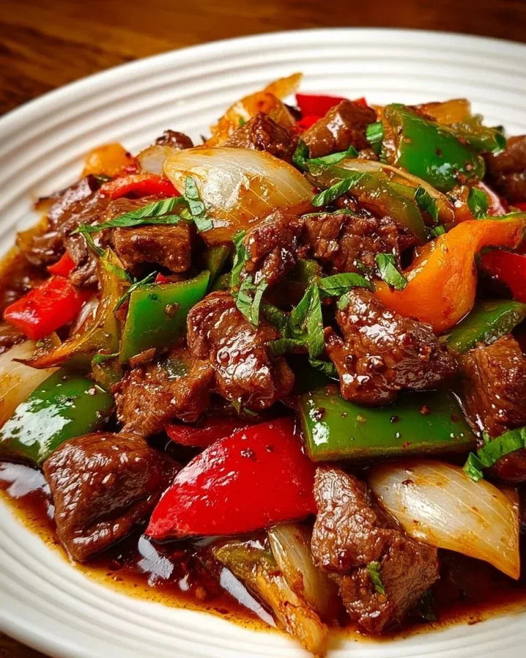 Pfeffersteak s paprikou a cibuľou na tanieri