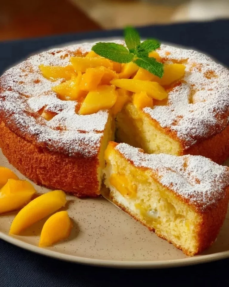 Šťavnatý broskyňový koláč so smotanou a čerstvými broskyňami