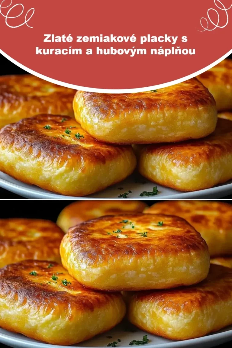 Zlaté zemiakové placky s kuracím a hubovým náplňou na tanieri.