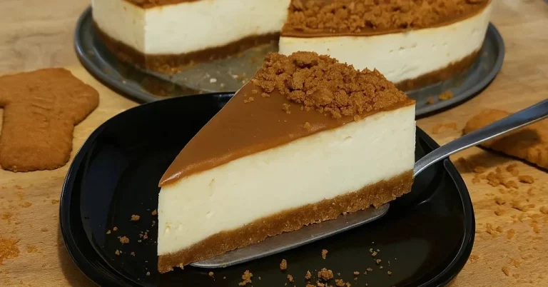 Cheesecake s Lotus Biscoff ozdobený krémom a sušienkou
