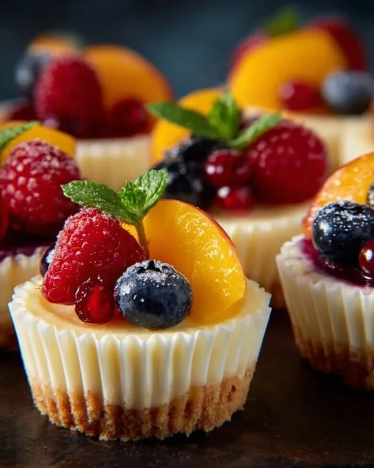 Delicious mini cheesecake served on a plate with fresh berries.