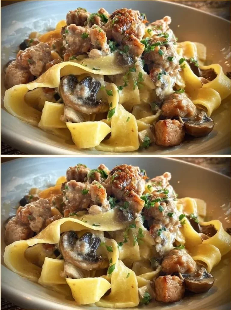 Pappardelle s klobásou a hubami na tanieri