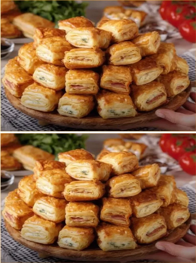 Slané kanapky s lístkovým cestom a klobásami na tanieri.