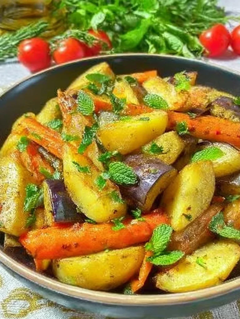 Smažené zemiaky s baklažánom na panvici, zdravé a chutné jedlo