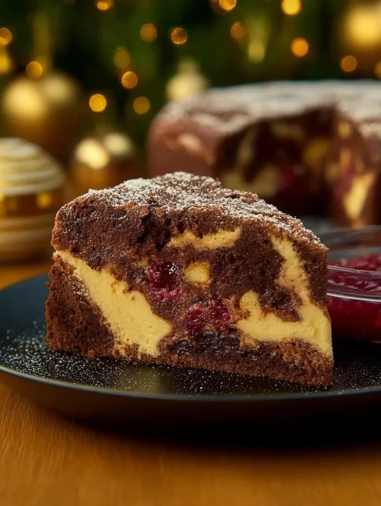 Vianočná mramorová torta s mascarpone a kyslými čerešňami na tanieri