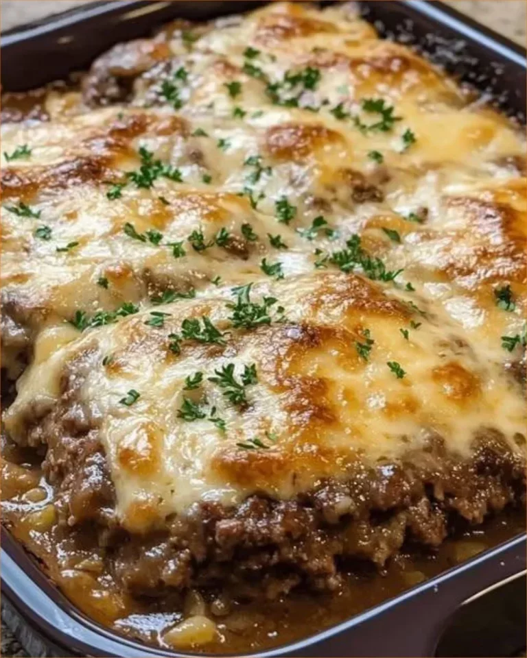 Amish hamburger steakový zapekaná s omáčkou a zeleninou