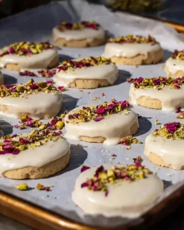 Biele čokoládou ponorené sušienky typu shortbread s dekoračným pozadím.