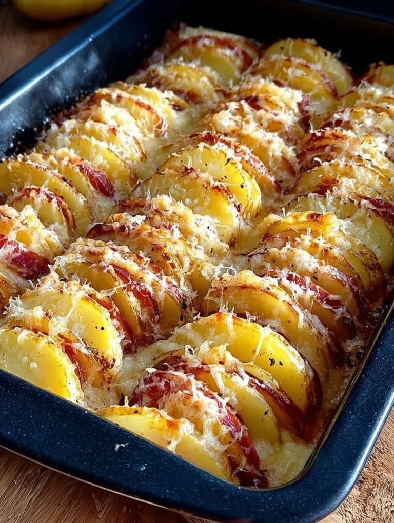 Cesnakové zemiaky s baconom na tanieri, pripravené na servírovanie.