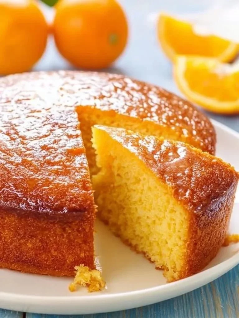 Jemná pomarančová torta na bielom tanieri s ozdobou z pomarančovej kôry.