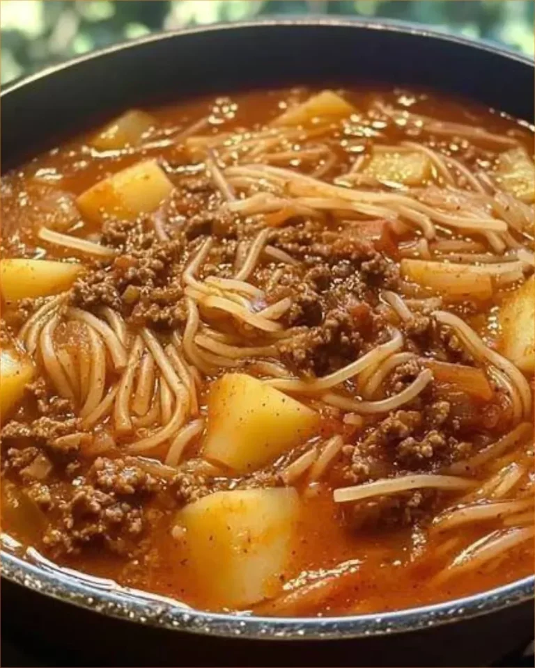 Nudle s mletým mäsom a zemiakmi na tanieri