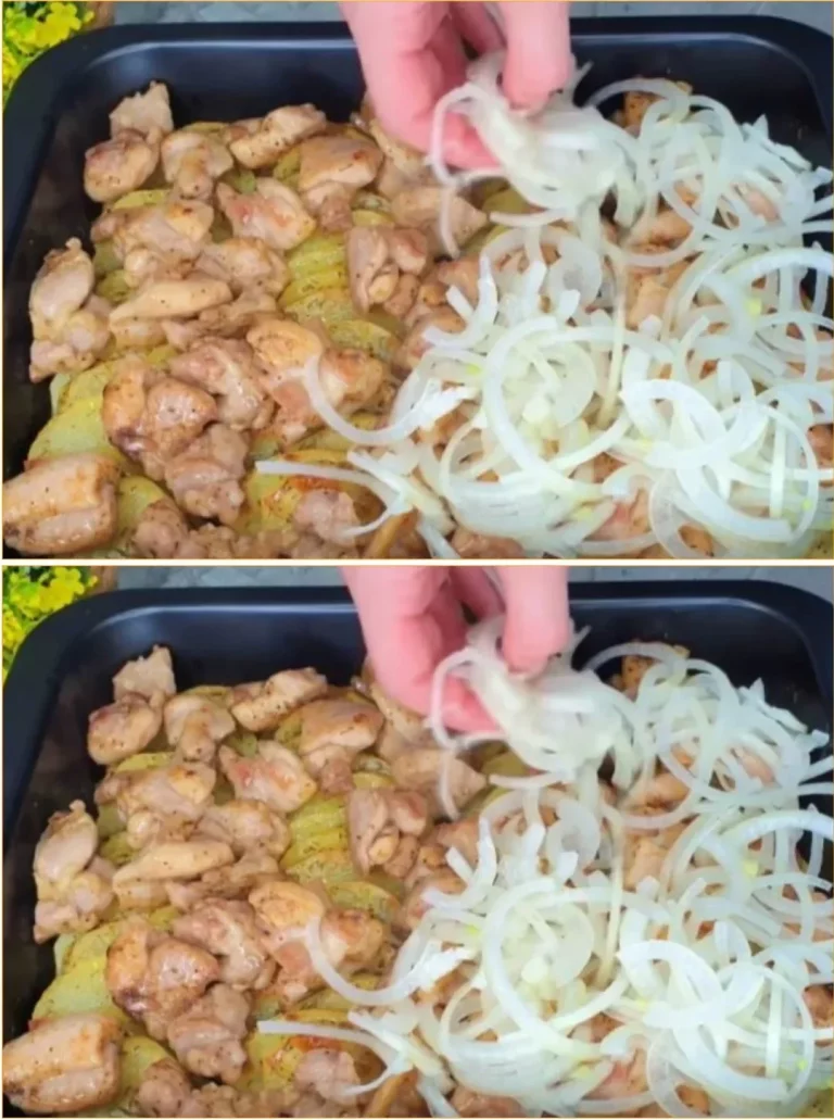 Pečené kura so zemiakmi, cibuľou a syrom na tanieri