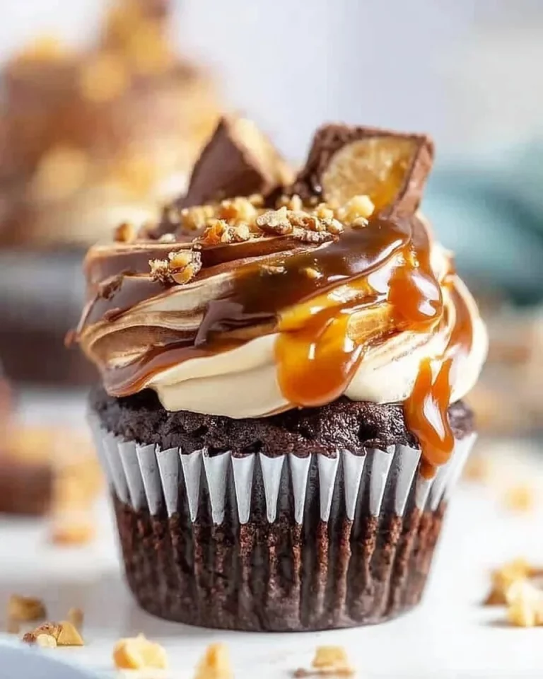 Delicious homemade Snickers cupcakes topped with caramel and peanuts