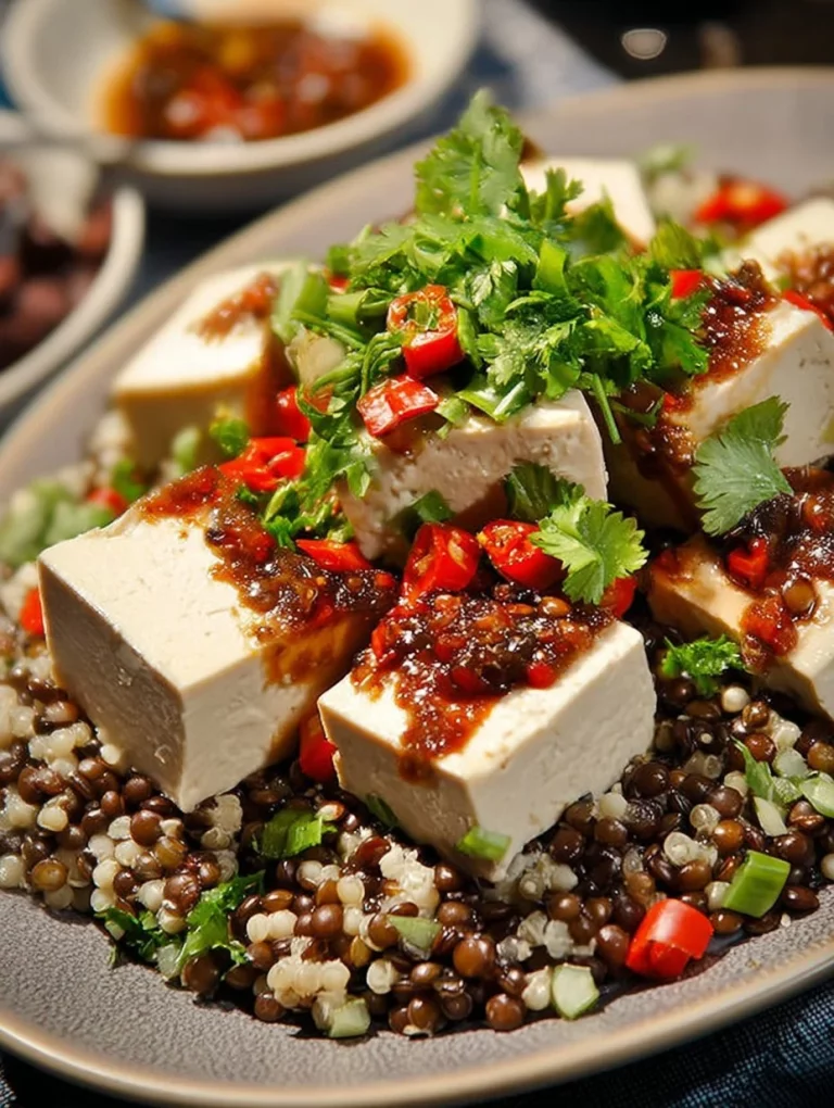 Tofu s indickou omáčkou, čiernymi šošovicami a pohánkou na tanieri