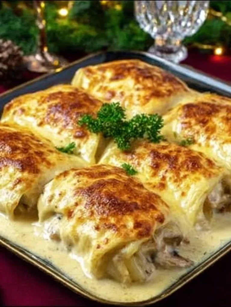 Zapečené palacinky plnené kuracím mäsom a hubami na tanieri.
