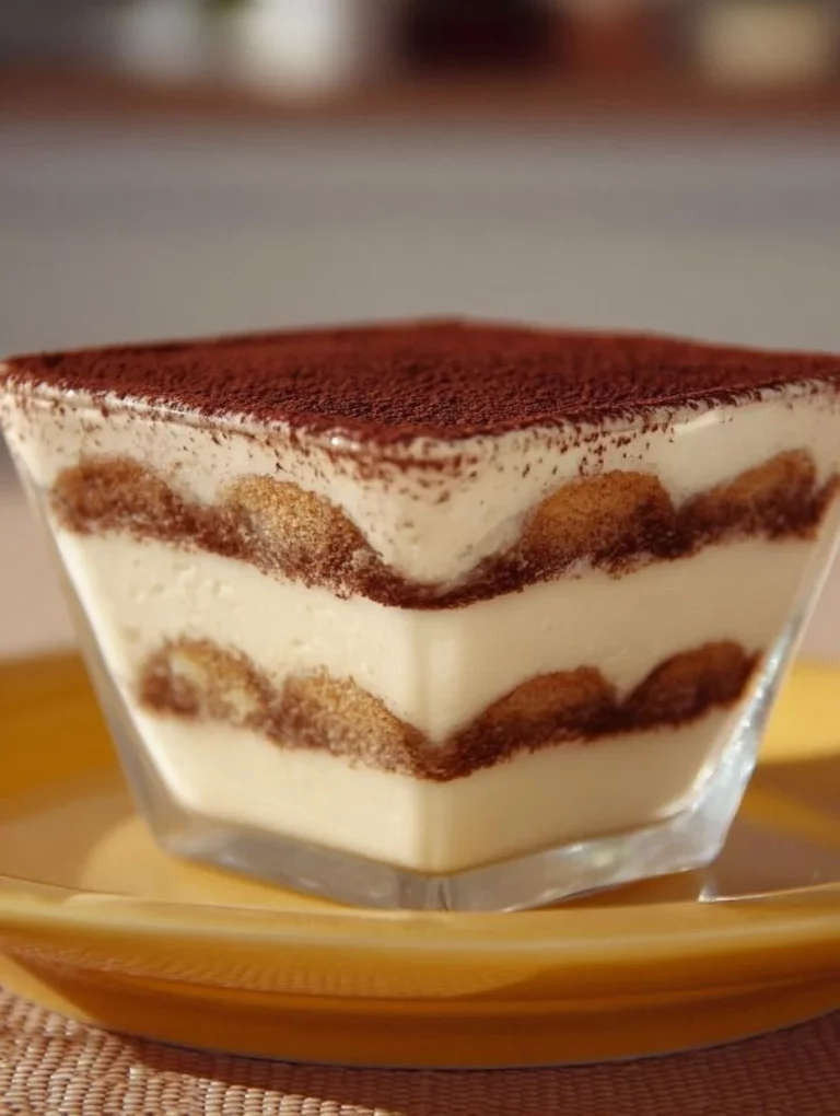 Tiramisu v poháriku s kakam a sladkým krémom na jedálenskom stole.