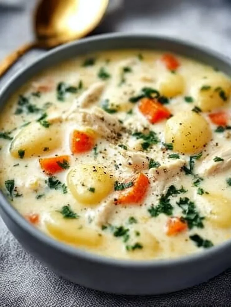 Domáca polievka s gnocchi a kuracím mäsom v miske