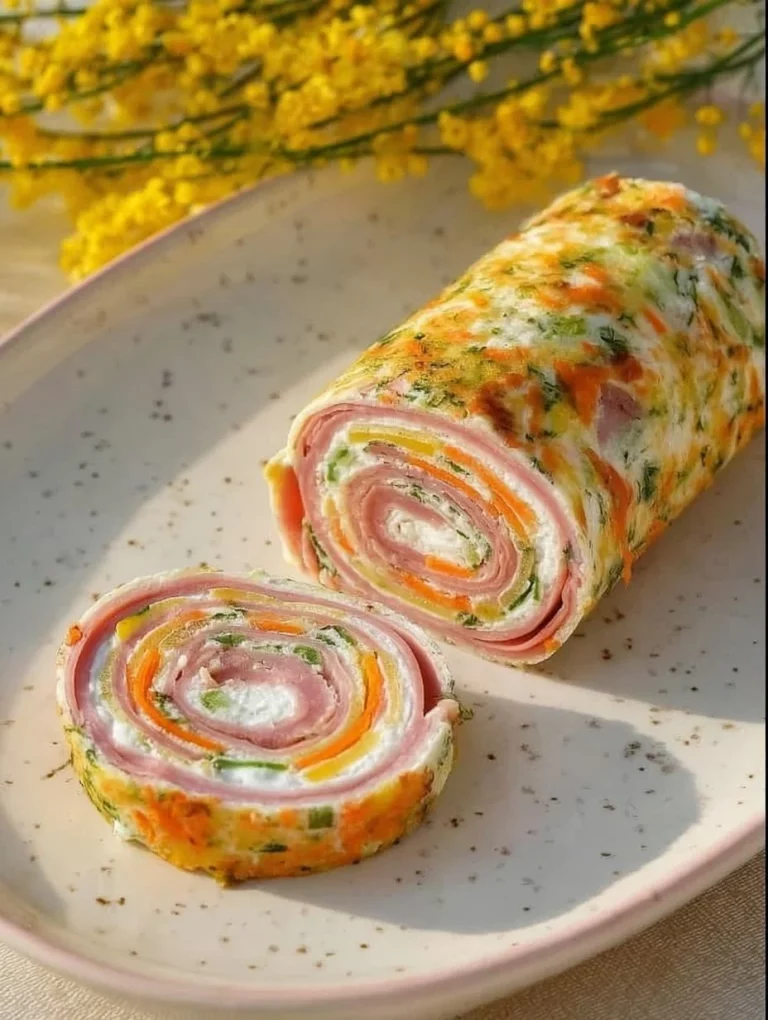 Jarná slaná cuketovo-mrkvová roláda na stole s čerstvou zeleninou
