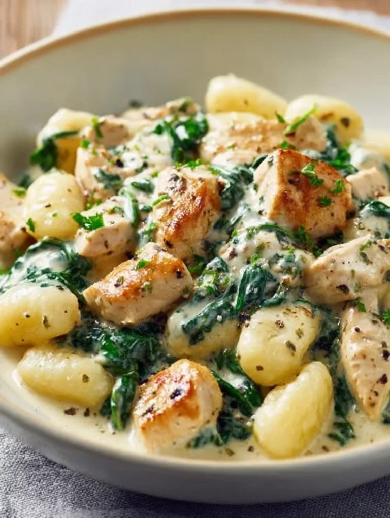 Krémové gnocchi s kuracím mäsom a špenátom na tanieri