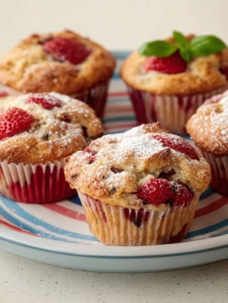 Jahodové muffiny s bazalkou na bielom tanieri