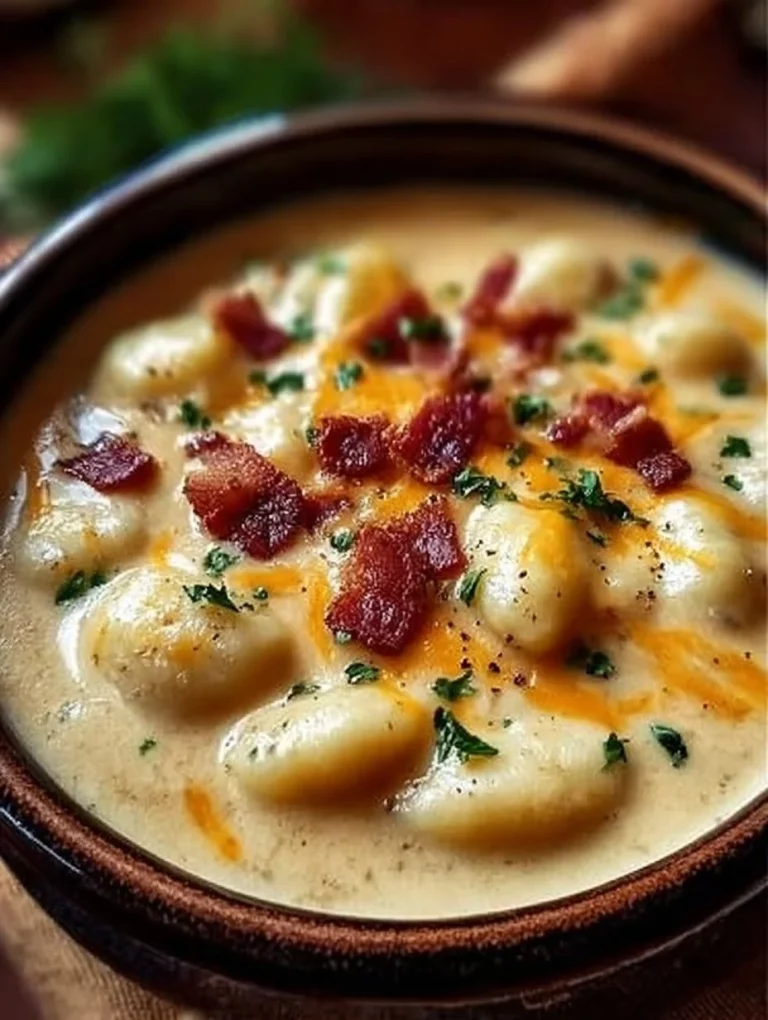 Polievka z gnocchi s baconom a cheddarom servírovaná v hlbokom tanieri