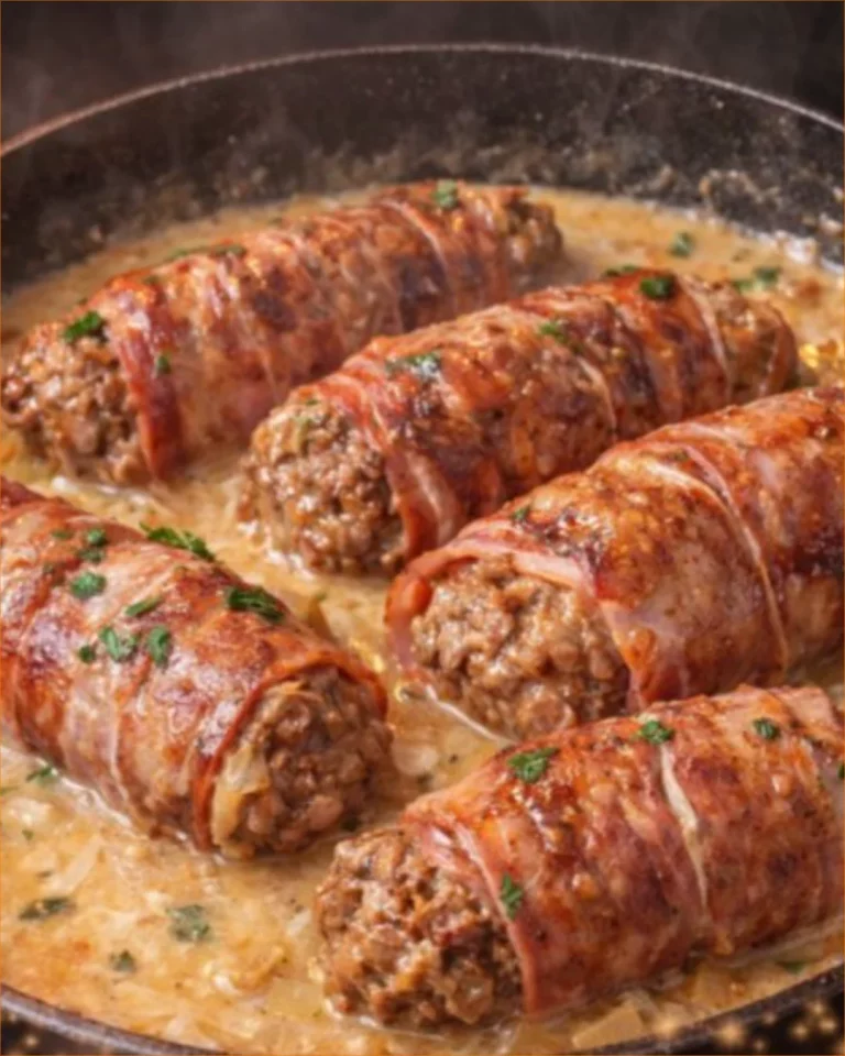 Rouláda s mäsom a cibuľovou omáčkou na tanieri