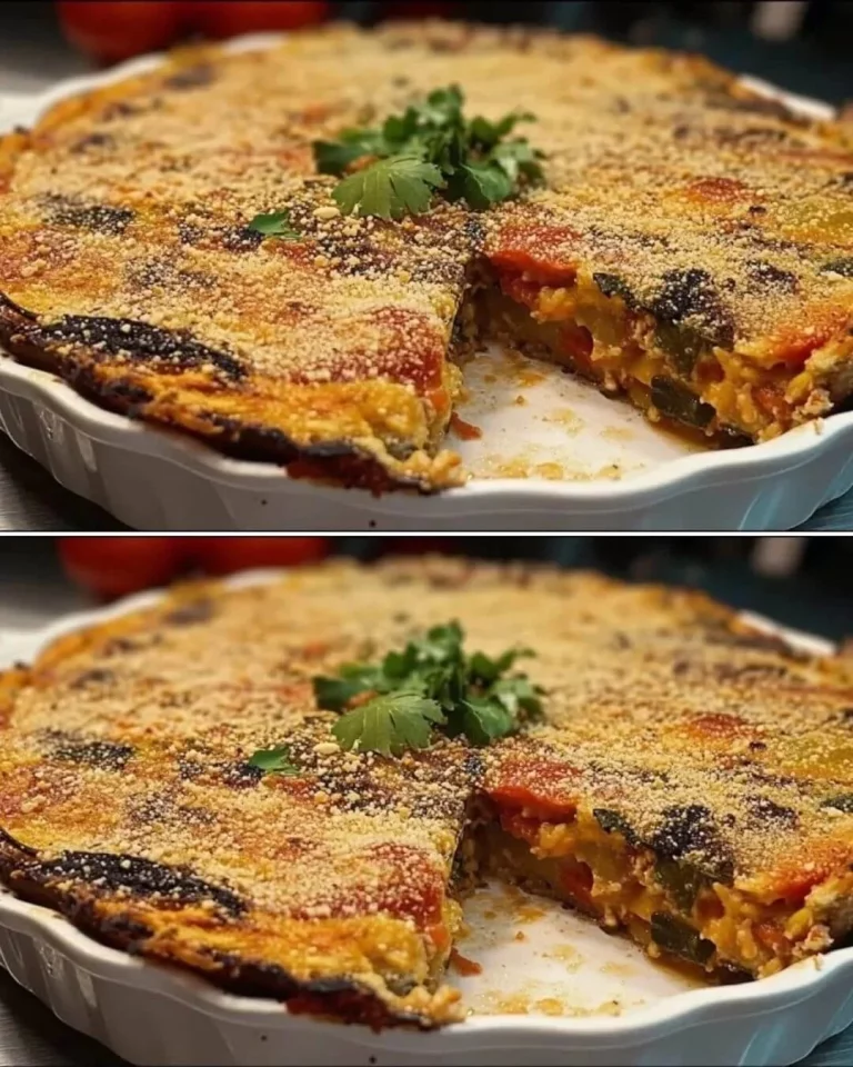 Slaný koláč s baklažánem na talíři, ozdobený čerstvými bylinkami.