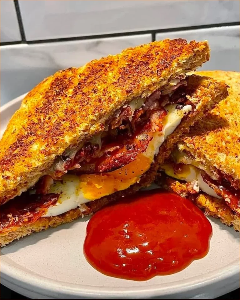 Toast so slaninou a vajcom na tanieri, chutný raňajkový recept.