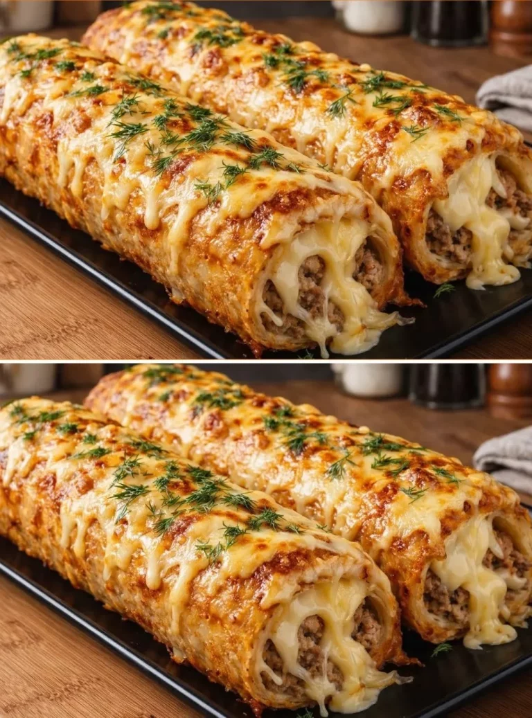 Zemiakový roulade s mletým mäsom a syrom na tanieri