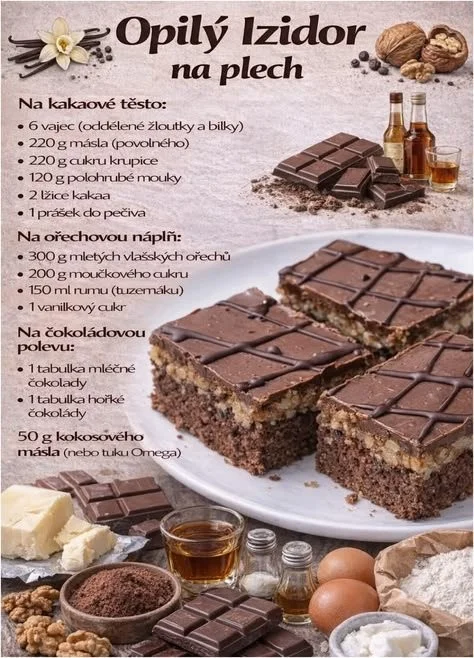 Opitý Izidor čokoládovo-vlašský orechový koláč s dekoráciou