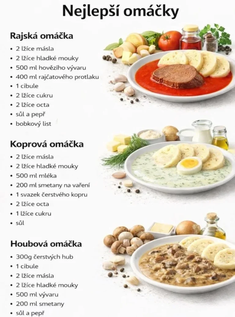 Rajská omáčka podávaná s cestovinami a mäsom na tanieri