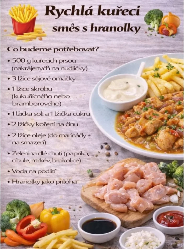 Rýchla kura stir-fry s hranolkami na tanieri