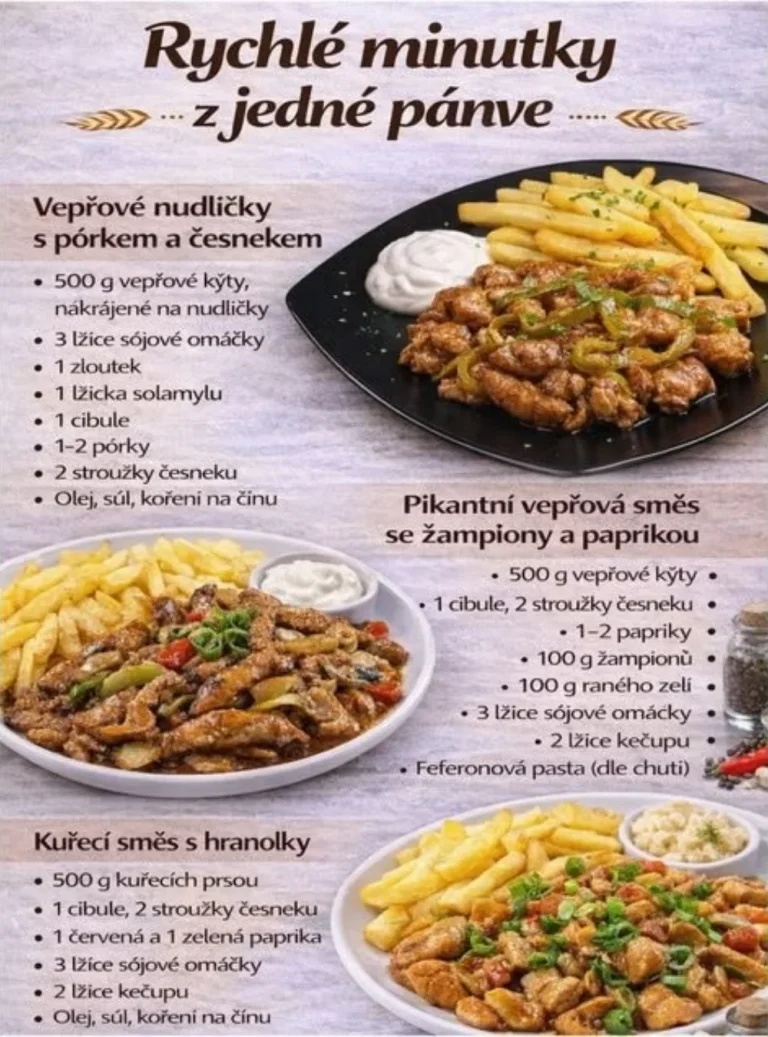 Rýchly stir-fry s bravčovým a kuracím mäsom a hranolkami v panvici