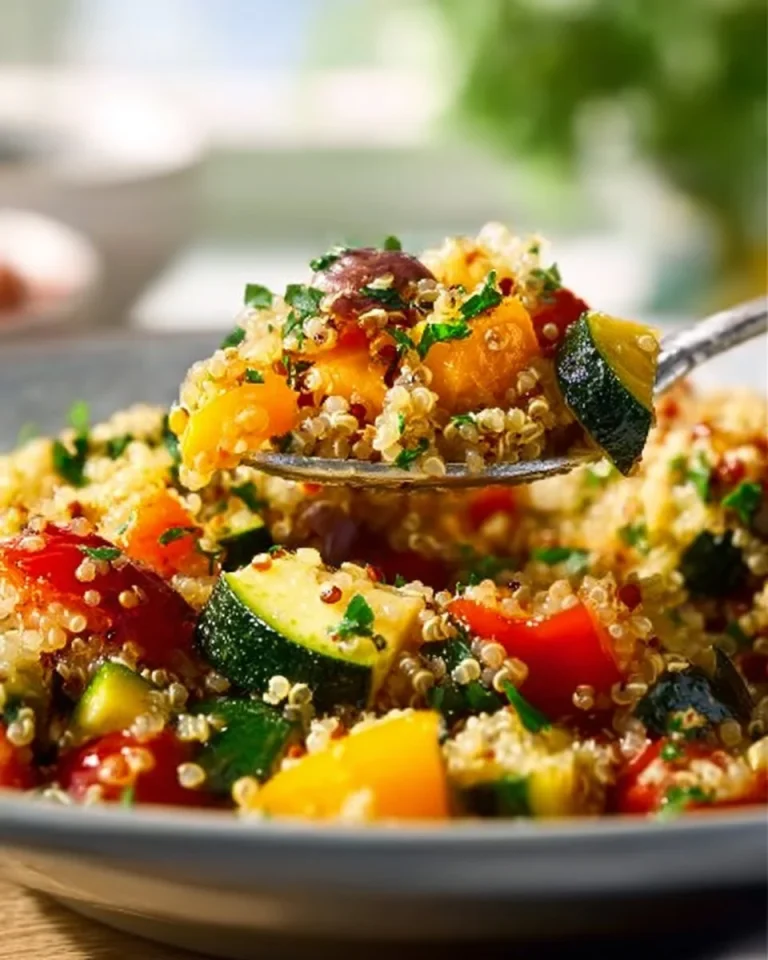 Stredomorský quinoa šalát s pečenou zeleninou na tanieri