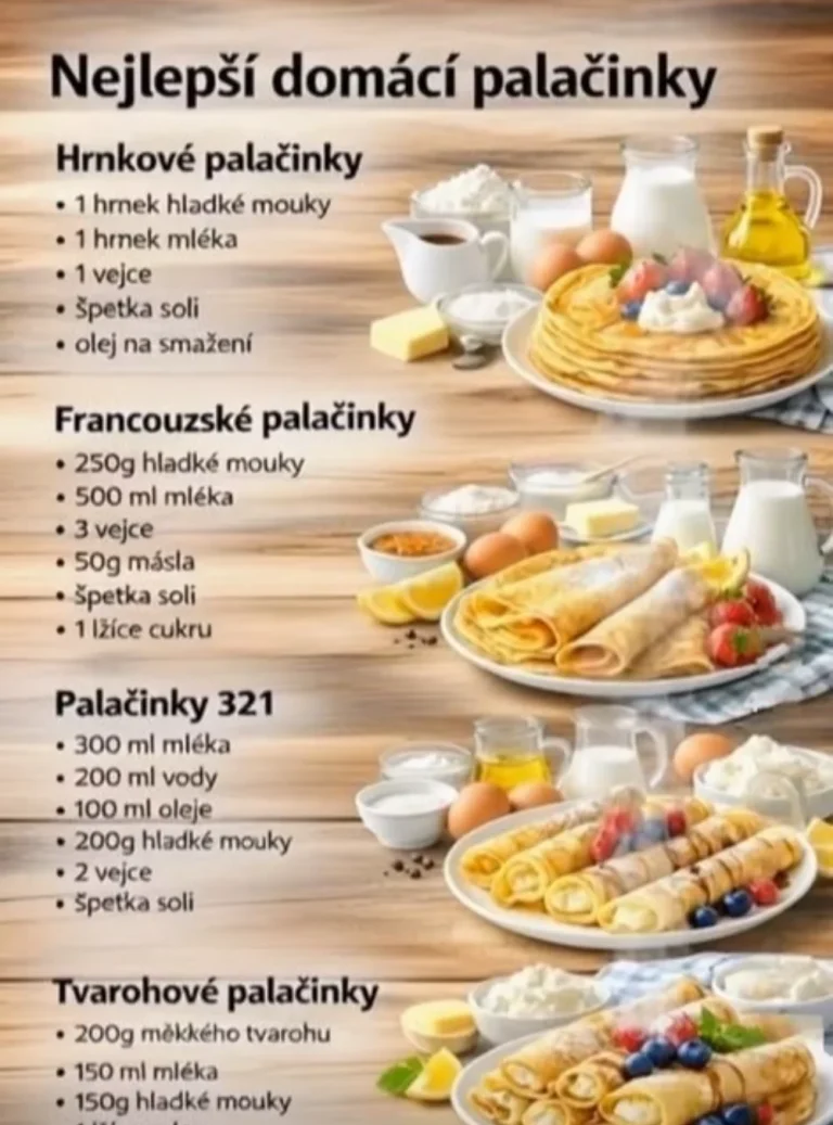 Rôzne typy domácich palaciniek na tanieri s ovocím a polevou