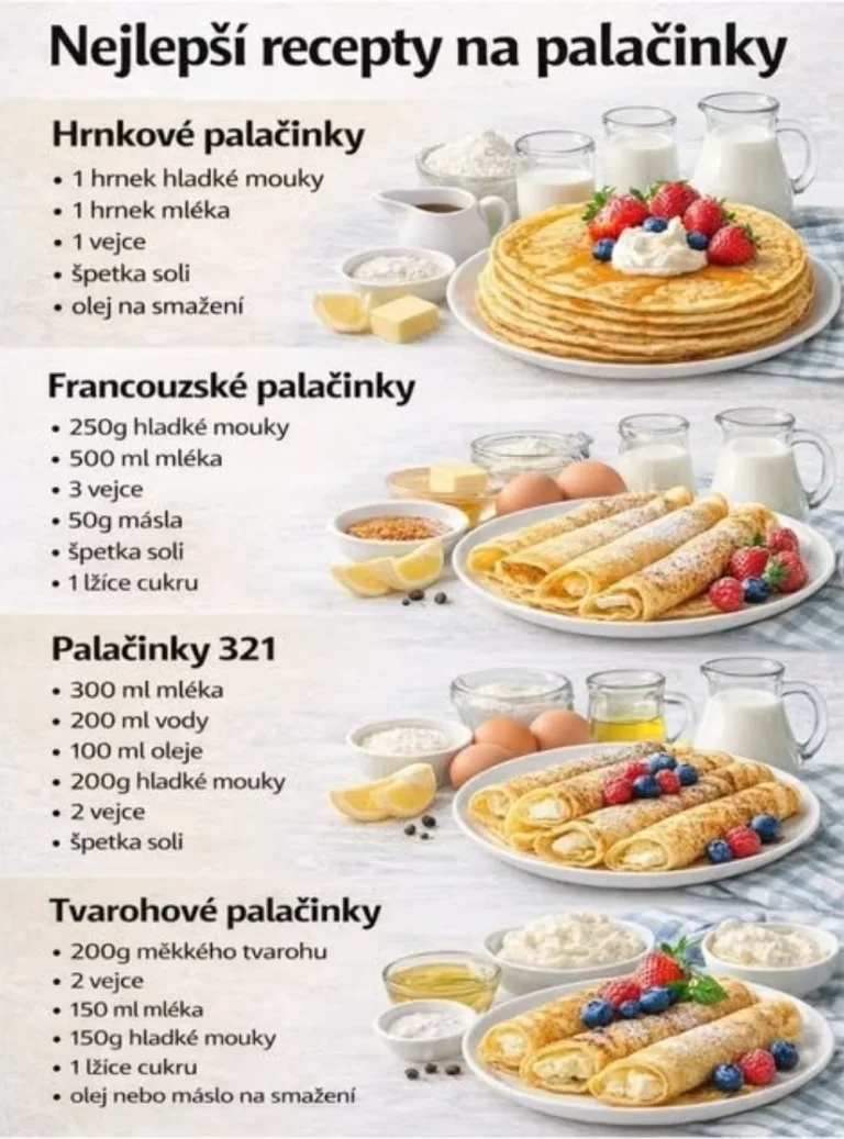 Rôzne typy palacinky na tanieri s ovocím a polevou.