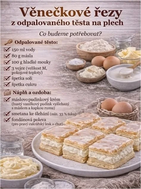 Chutné vencekové rezy s krémovým náplňou a ovocím.