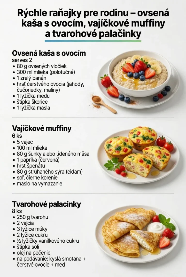 Rýchle raňajky s ovsenou kašou, vajíčkovými muffinami a tvarohovými palacinkami.