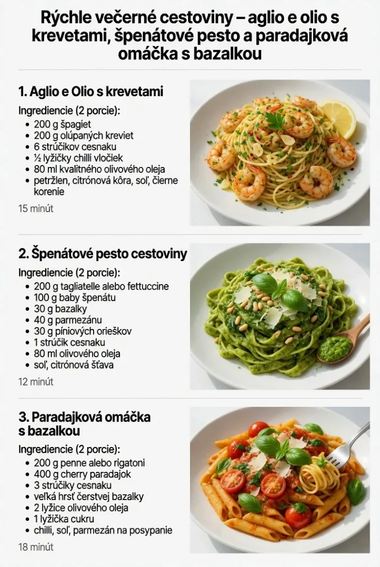 Cestoviny aglio e olio s krevetami, špenátovým pestom a paradajkovou omáčkou.