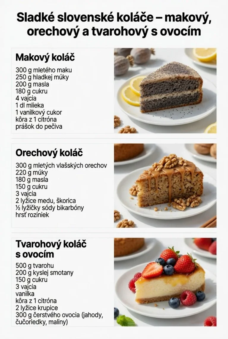 Tradičné slovenské koláče: makový, orechový a tvarohový s ovocím