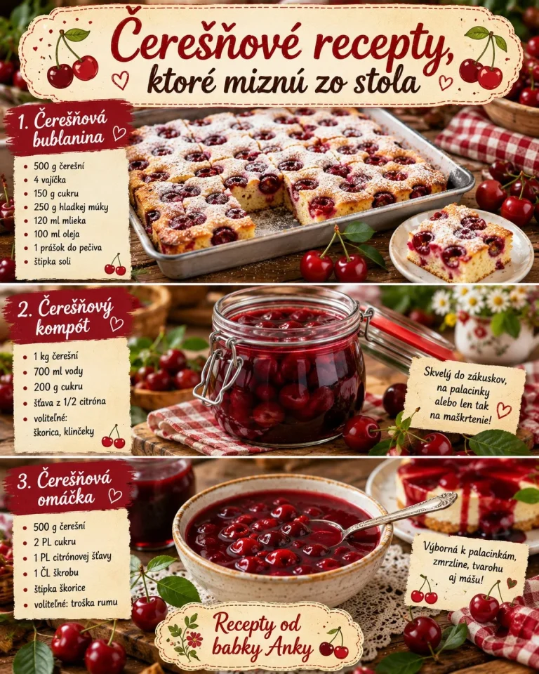 Čerešňové recepty - bublanina, kompót a čerešňová omáčka na stole