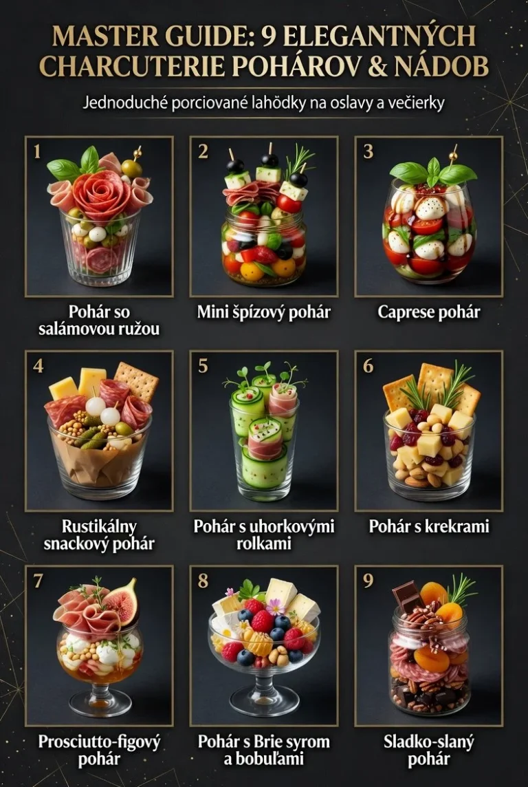 Charcutéria v pohároch so sýrami a údeninami na servírovacom stole