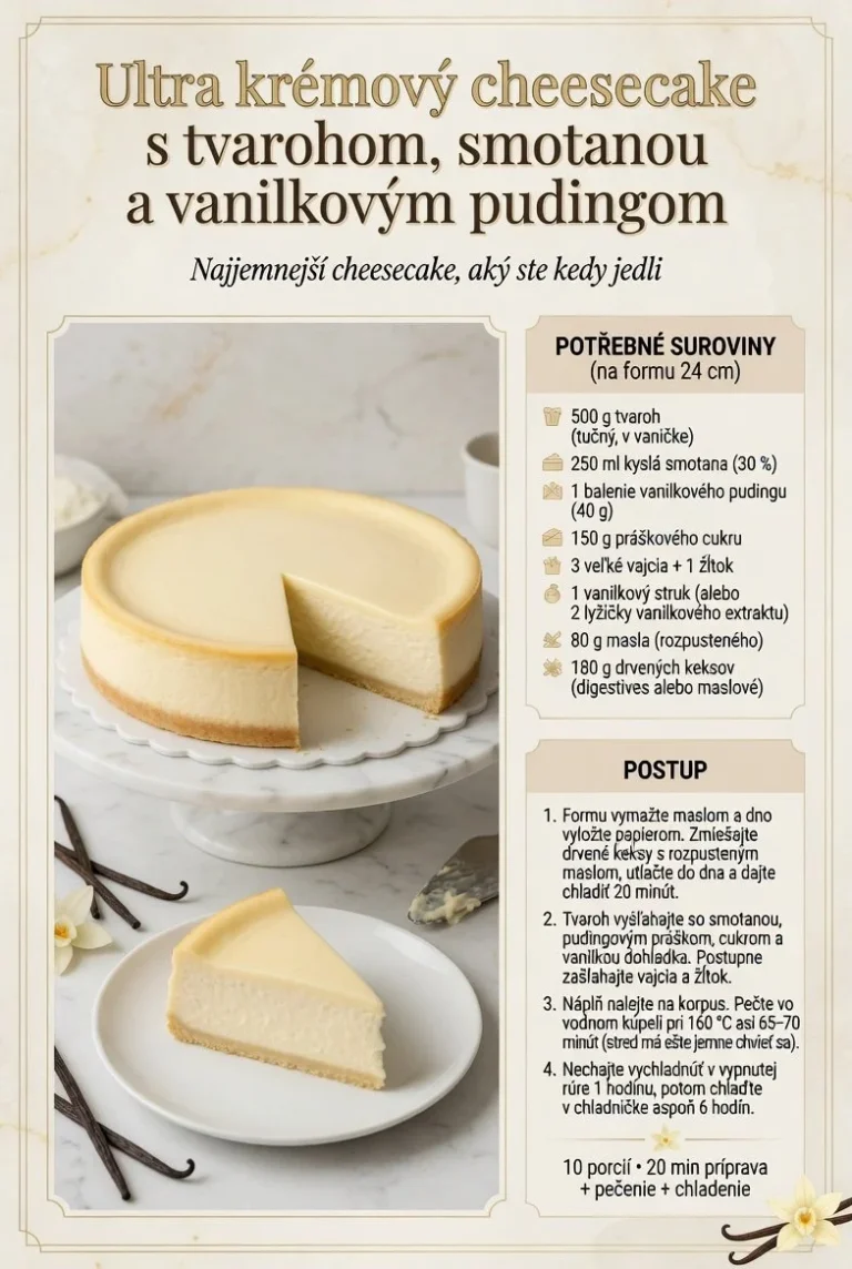 Nadýchaný krémový cheesecake s tvarohom a vanilkovým pudingom.