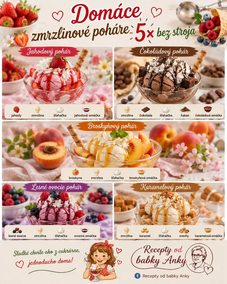 Domáce zmrzlinové poháre bez stroja s rôznymi príchuťami a ozdobami