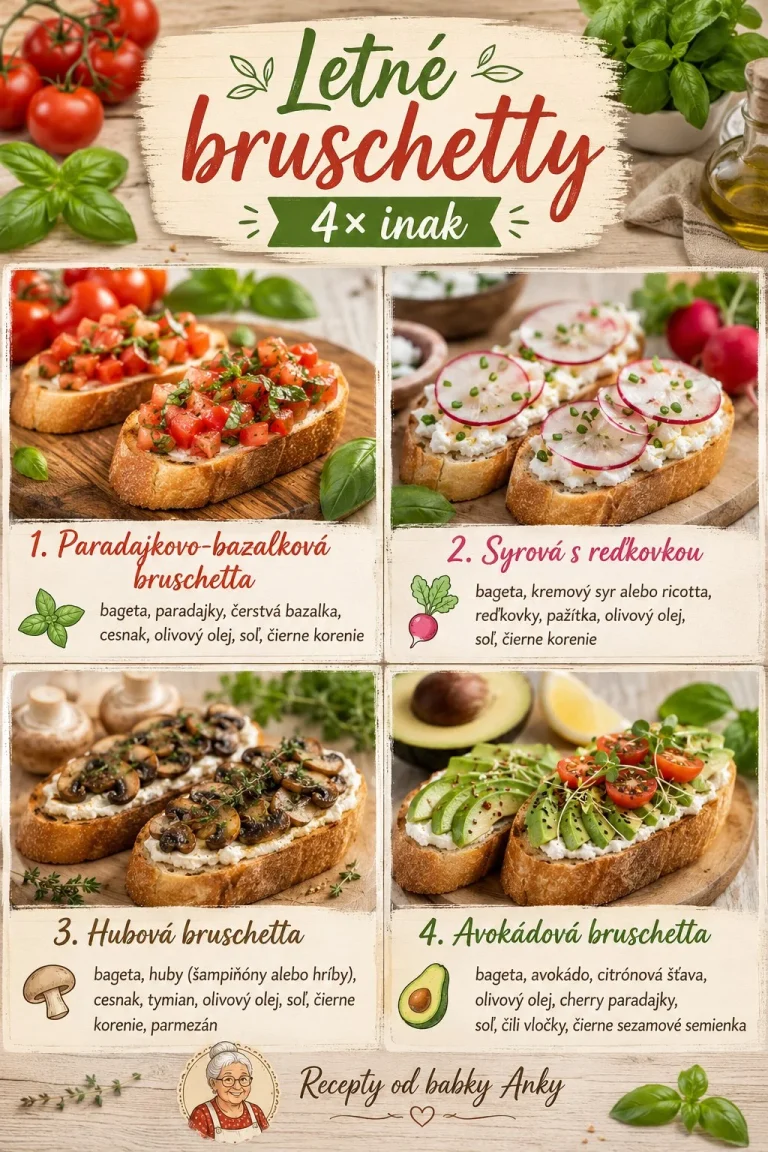 Letné bruschetty: 4 jednoduché variácie s rôznymi prísadami.