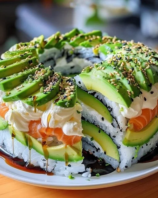 Avokádový sushi koláč so zeleninou a ryžou