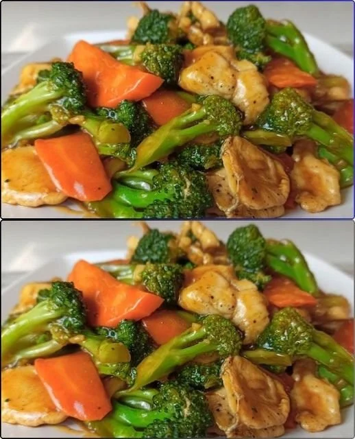 Rýchly stir-fry s kuracím mäsom, brokolicou a mrkvou v miske