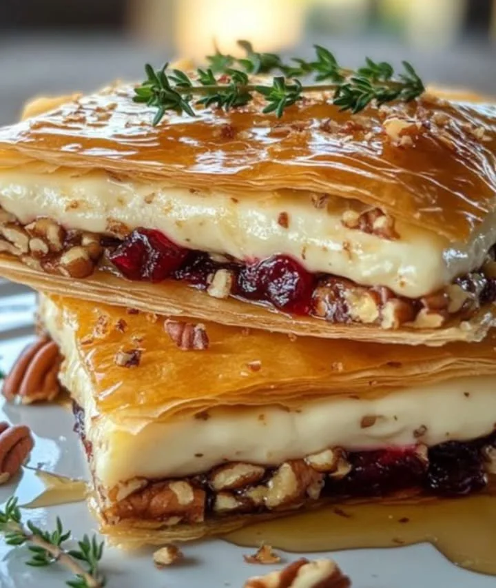 Vrstvené filo cesto so syrom Brie a brusnicovou omáčkou s pekánovými orechmi
