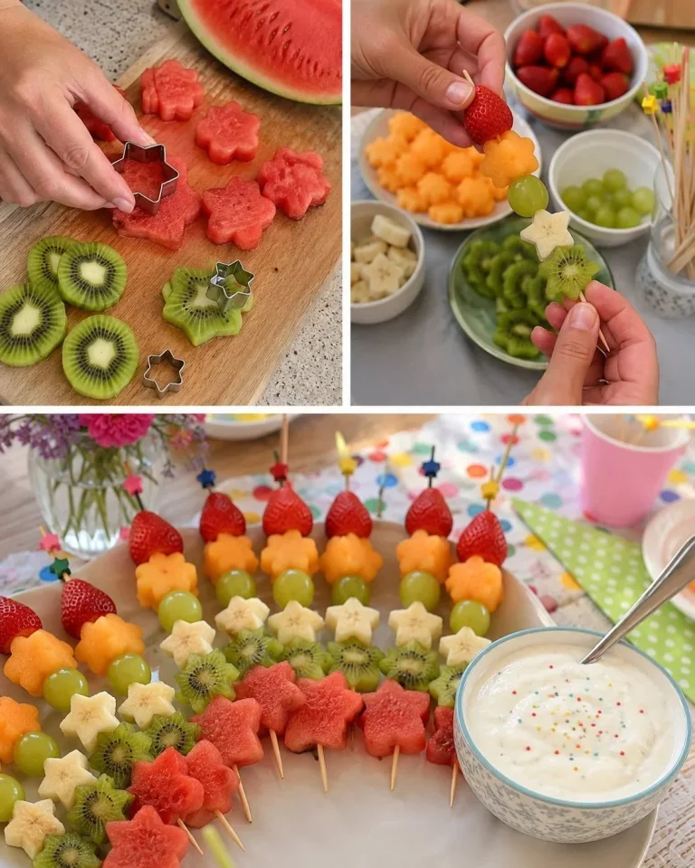 Bunte Obstspieß-Sterne na tanieri s Quark-Dipom