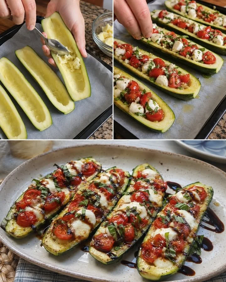 Cuketa s mozzarellou a paradajkami na tanieri, chutné a zdravé jedlo