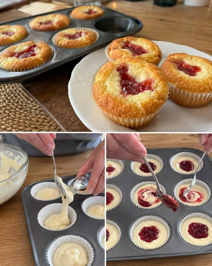 Jahodové muffiny s krémovým cheesecakeom na tanieri